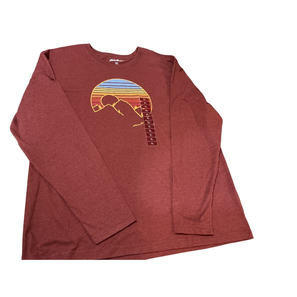 Eddie Bauer Mens XL Long Sleeve Mountain Sunset Graphic Tee Burgundy Heather